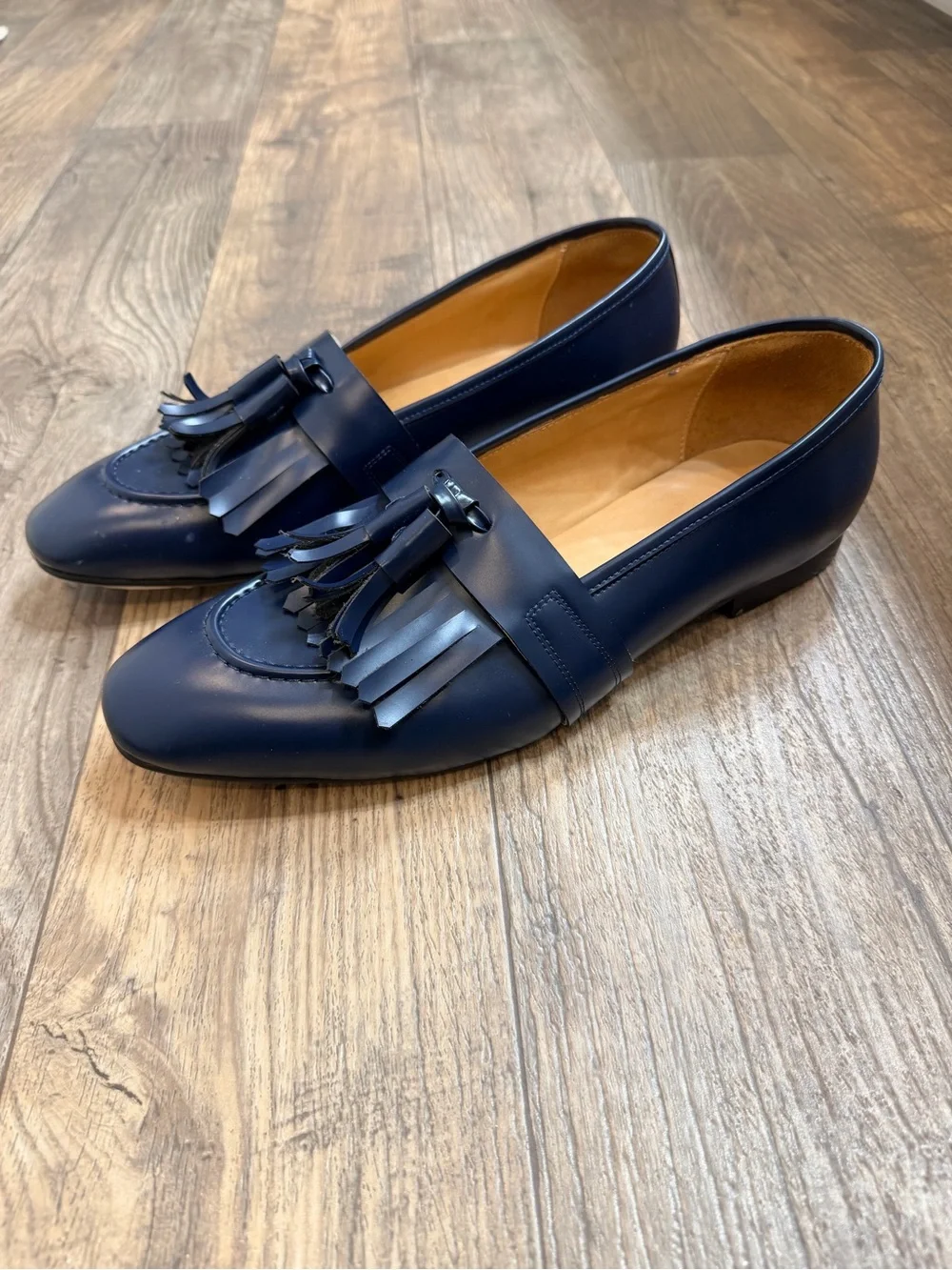 Navy Tassel Fringe Leather Slip-On Loafers